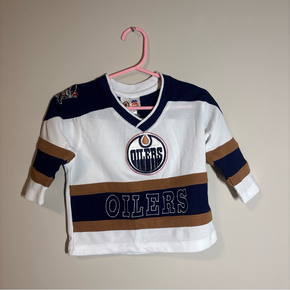 Oilers Kids' White and Brown Hockey Jersey